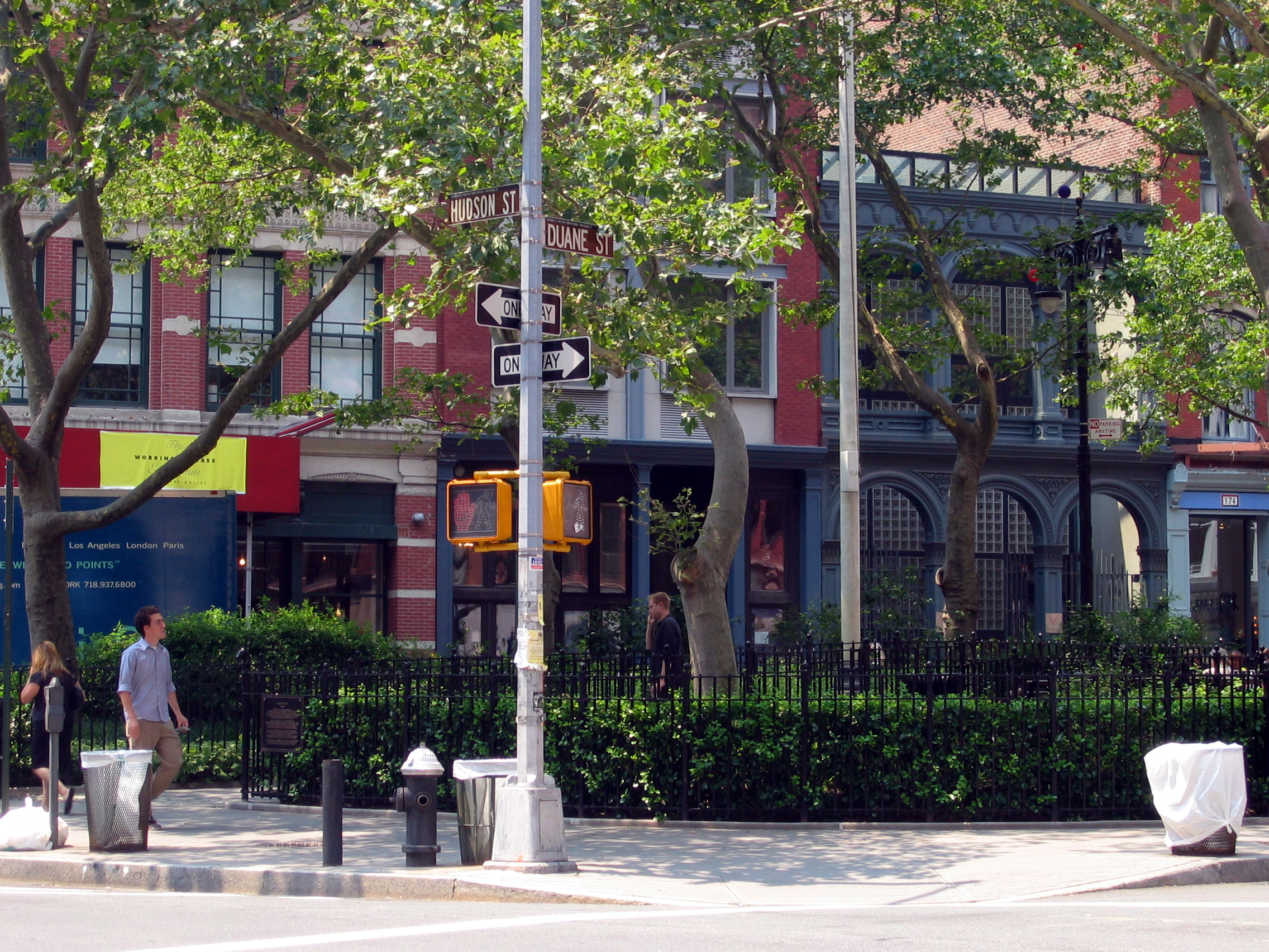 Corner of Hudson and Duane streets outside Duane Park