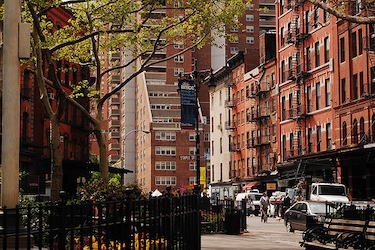 Street-level daytime view of residential area in TriBeCa