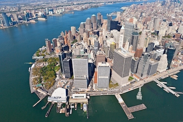 Aerial view of lower Manhattan and Financial District office buildings