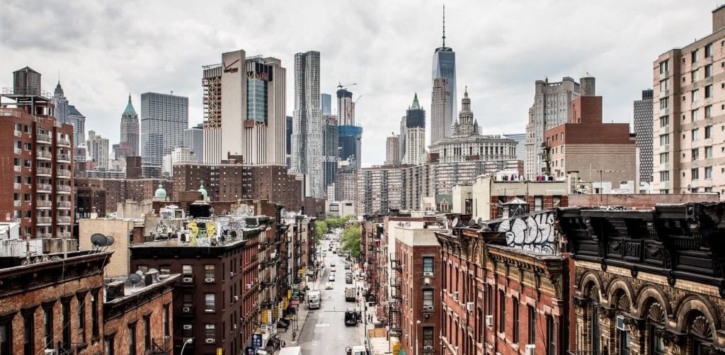 Downtown NYC with view of skyscrapes