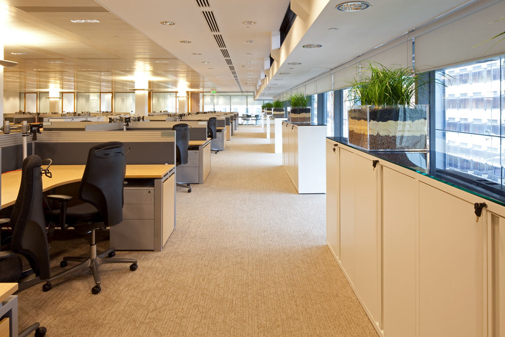 Open concept floor plan in well-lit office