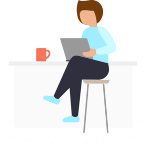 Graphic of girl sitting at computer with cup of coffee