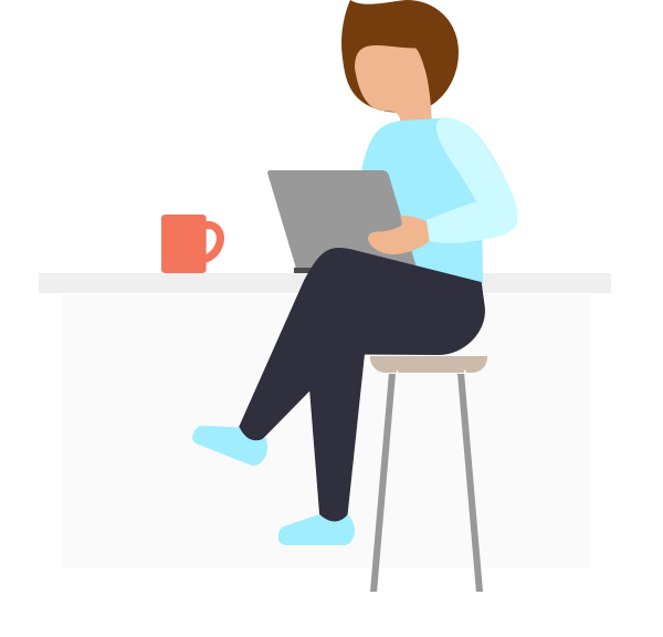 Graphic of girl sitting at computer with cup of coffee