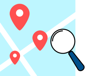Illustration of map with location pins and a magnifying glass hovering over it